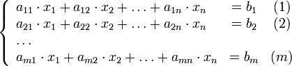 left{egin{array}{lcc} a_{11} cdot x_1 + a_{12} cdot x_2 + ldots + a_{1n} cdot x_n & = b_1 & (1)  a_{21} cdot x_1 + a_{22} cdot x_2 + ldots + a_{2n} cdot x_n & = b_2 & (2)  ldots  & & a_{m1} cdot x_1 + a_{m2} cdot x_2 + ldots + a_{mn} cdot x_n & = b_m & (m) end{array}
ight.