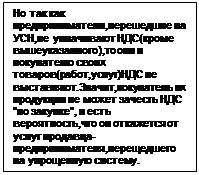 Подпись: Но так как предприниматели,перешедшие на УСН,не уплачивают НДС(кроме вышеуказанного),то они и покупателю своих товаров(работ,услуг)НДС не выставляют.Значит,покупатель их продукции не может зачесть НДС