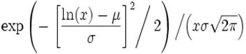 expleft(-left.left[frac{ln(x)-mu}{sigma}ight]^2ight/2ight) left/ left(xsigmasqrt{2pi}ight) ight.