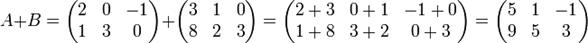 A+B=egin{pmatrix} 2 & 0 & -1 1 & 3 & 0end{pmatrix}+egin{pmatrix} 3 & 1 & 0 8 & 2 & 3end{pmatrix}=egin{pmatrix}2+3 & 0+1 & -1+01+8 & 3+2 & 0+3end{pmatrix}=egin{pmatrix}5 & 1 & -19 & 5 & 3end{pmatrix}