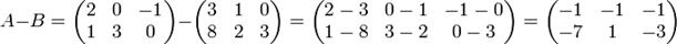 A-B=egin{pmatrix} 2 & 0 & -1 1 & 3 & 0end{pmatrix}-egin{pmatrix} 3 & 1 & 0 8 & 2 & 3end{pmatrix}=egin{pmatrix}2-3 & 0-1 & -1-01-8 & 3-2 & 0-3end{pmatrix}=egin{pmatrix}-1 & -1 & -1-7 & 1 & -3end{pmatrix}