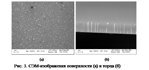 Подпись:
(а) (б)
Рис. 3. СЭМ-изображения поверхности (а) и торца (б)
пластины кремния со сформированными одномерными дефектами