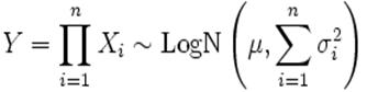 Y = prodlimits_{i=1}^n X_i sim mathrm{LogN}left(mu, sumlimits_{i=1}^n sigma^2_iight)
