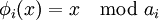 phi_i(x) = x mod a_i
