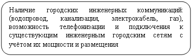 Скругленный прямоугольник: Наличие городских инженерных коммуникаций: (во-допровод, канализация, электрокабель, газ), возмож-ность телефонизации и подключения к существую-щим инженерным городским сетям с учётом их мощности и размещения