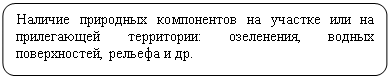 Скругленный прямоугольник: Наличие природных компонентов на участке или на прилегающей территории: озеленения, водных по-верхностей, рельефа и др.