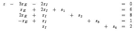 $egin{array}{ccccccccccccccc}z & - & 3x_{E} & - & 2x_{I} & & & & & & & & & =...... s_{3} & & & = & 1& & & & x_{I} & & & & & & & + & s_{4} & = & 2end{array}$