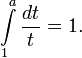 intlimits_{1}^{a} frac{dt}{t} = 1.