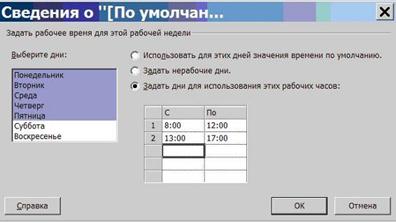 Окно сведений о рабочей неделе