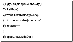 �������: 1) qtyCompl=operations.Qty();
2) if (!flags) {
3) while (counter<qtyCompl)
{   4) routes.status[counter]=1;
5) counter++; }
}
6) operations.AddOp();
