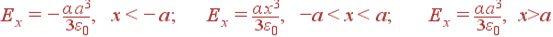 E_x = -frac{alpha a^3}{3varepsilon_0}, x<-a; E_x = frac{alpha x^3}{3varepsilon_0}, -a<x<a; E_x=frac{alpha a^3}{3varepsilon_0}, x>a