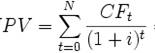 ��������: NPV = sum_{t=0}^N frac{CF_t}{(1+i)^t} = -IC + sum_{t=1}^N frac{CF_t}{(1+i)^t}