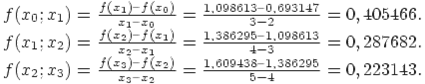 f(x_0;x_1) = frac{f(x_1) – f(x_0)}{x_1 – x_0}= frac{1,098613 – 0,693147}{3 - 2} = 0,405466.f(x_1;x_2) = frac{f(x_2) – f(x_1)}{x_2 – x_1}= frac{1,386295 – 1,098613}{4 - 3} = 0,287682.f(x_2;x_3) = frac{f(x_3) – f(x_2)}{x_3 – x_2}= frac{1,609438 – 1,386295}{5 - 4} = 0,223143.