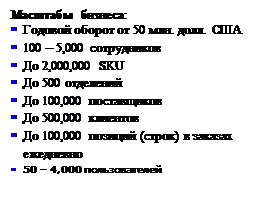 Подпись: Масштабы бизнеса:
§ Годовой оборот от 50 млн. долл. США
§ 100 – 5,000 сотрудников
§ До 2,000,000 SKU
§ До 500 отделений
§ До 100,000 поставщиков
§ До 500,000 клиентов
§ До 100,000 позиций (строк) в заказах ежедневно
§ 50 – 4,000 пользователей